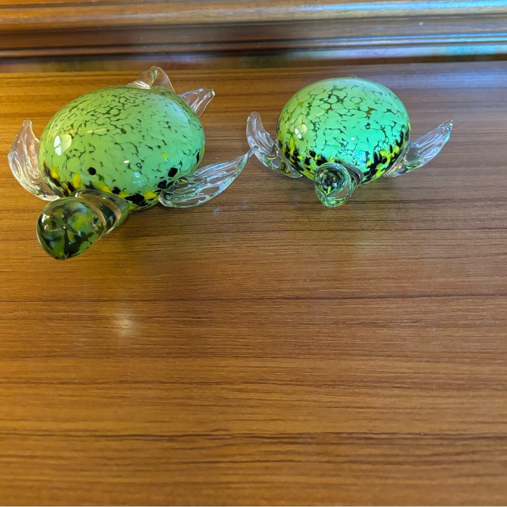 Set Of 2 Green Glass Turtles-7” And 5.5”-Gorgeous!